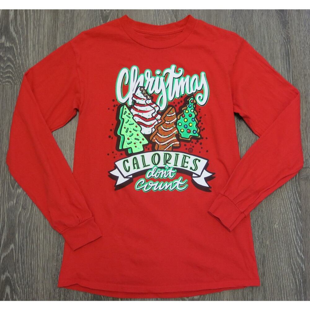 Girlie Girl Christmas Calories Dont Count Top Size S Women Long Sleeve Red Ugly